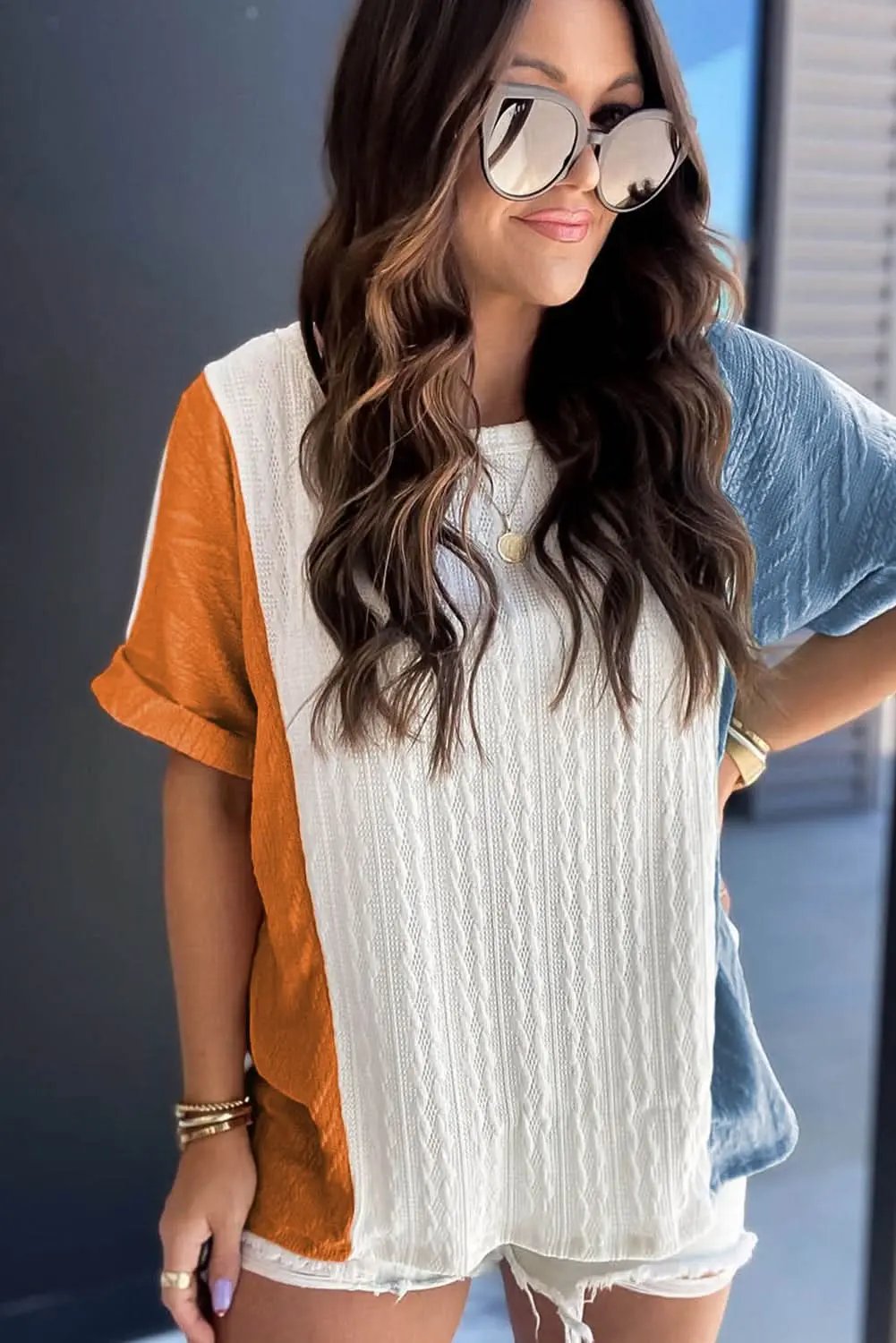 Light Blue Textured Color Block Loose Fit T Shirt - Love Salve